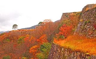 紅葉に染まる竹田城跡の石垣（秋）